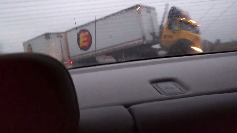 This truck lost control due to dangerous black ice on the highway.